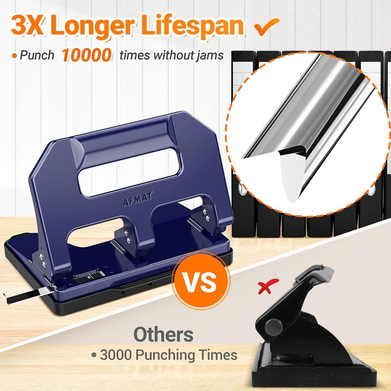 AFMAT Heavy Duty 3 Hole Punch, 3 Hole Puncher for Binder, 40-Sheet Three Hole Punch w/ 10000+ Uses, Metal Hole Puncher 3 Ring, 50% Reduced Effort, 9/32inch Hole, Bulit-in S.S. Paper Guide HPX1 (Blue) - Image 4